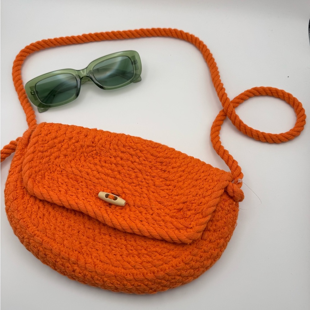 Boho Orange Crochet Crossbody Bag Cotton Rope Mini Shoulder Bag